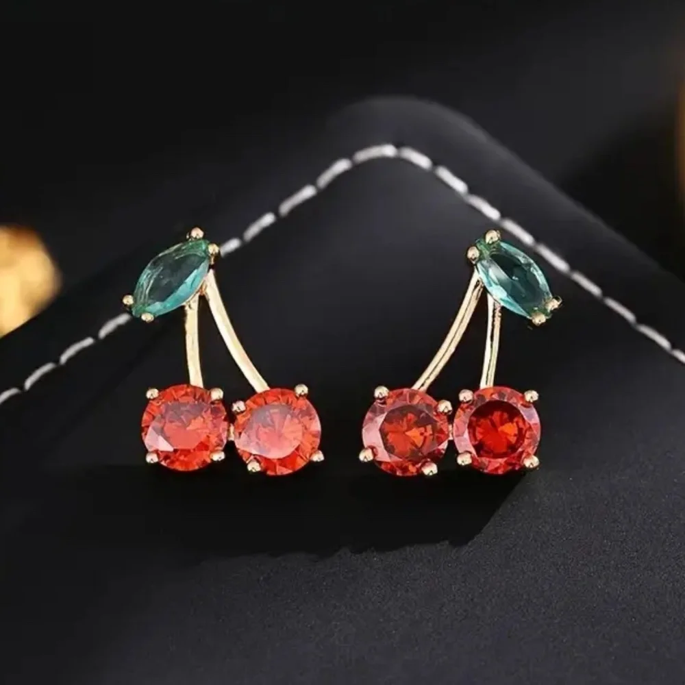 NWT! Gorgeous Faceted Faux Zircon Cherry Pierced Post Earrings in Gold Tone!